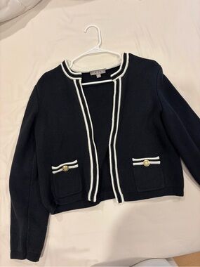 J. Crew Black Knit Cardigan with White Trim and Gold Button
